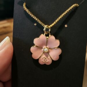 CHANEL Authentic Gold and Pink Floral Pendant With Unbranded Necklace